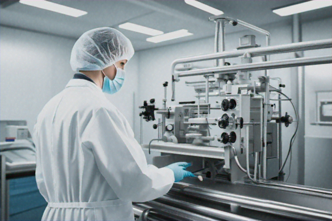 Medical professional in clean room operating specialized manufacturing equipment